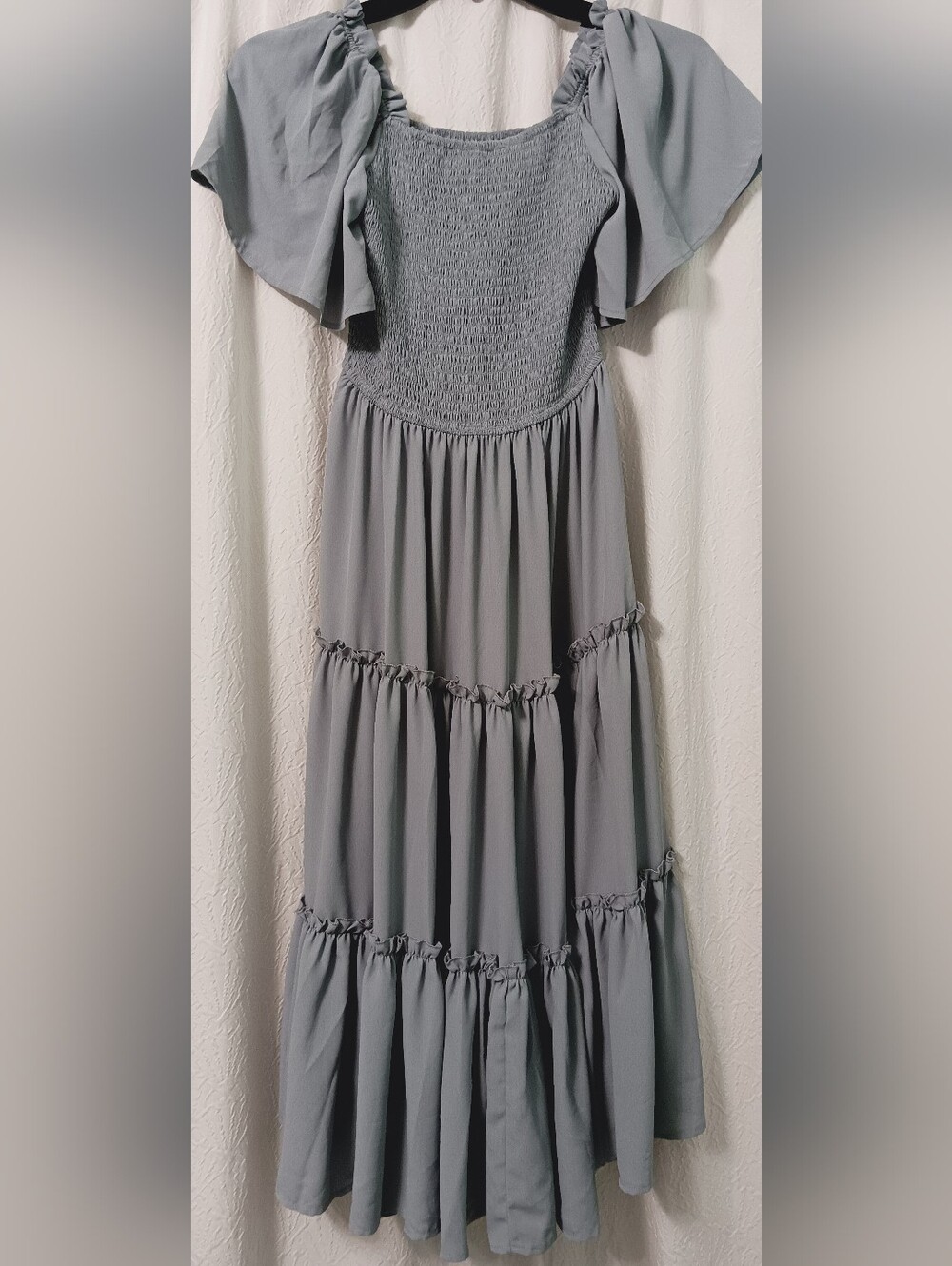IVY CITY Co Smocked Bodice Flutter Sleeve Midi Dress  Light Gray Size S - Picture 7 of 11